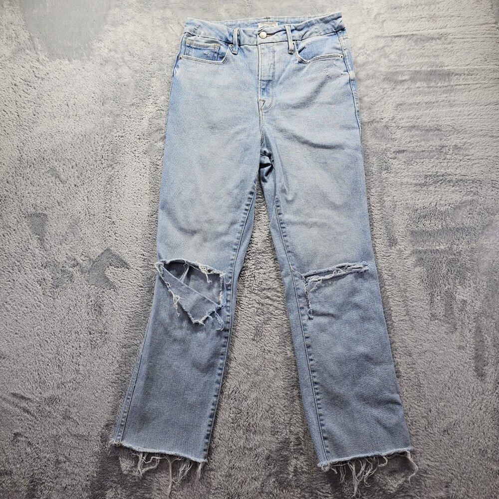 Good American Jeans Womens 8/29 Blue Curve Straight Stretch High Rise Destroyed